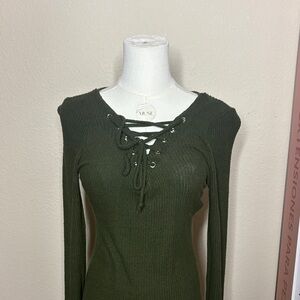 Olive Lace-Up Ribbed Top